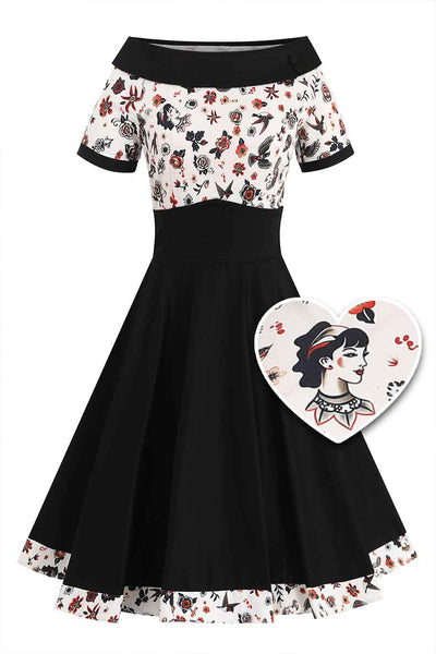 Front view of Darlene Rockabilly Old School Tattoo Roll Collar Dress