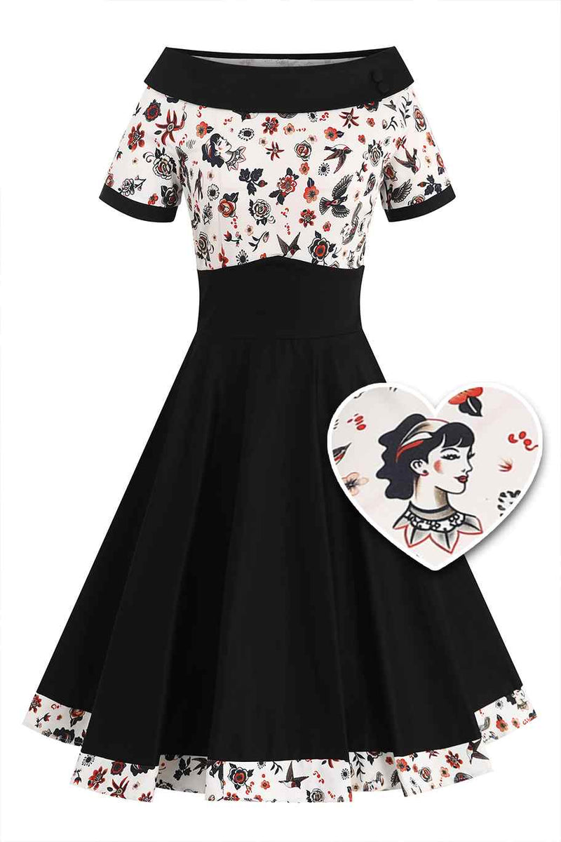 Front view of Darlene Rockabilly Old School Tattoo Roll Collar Dress