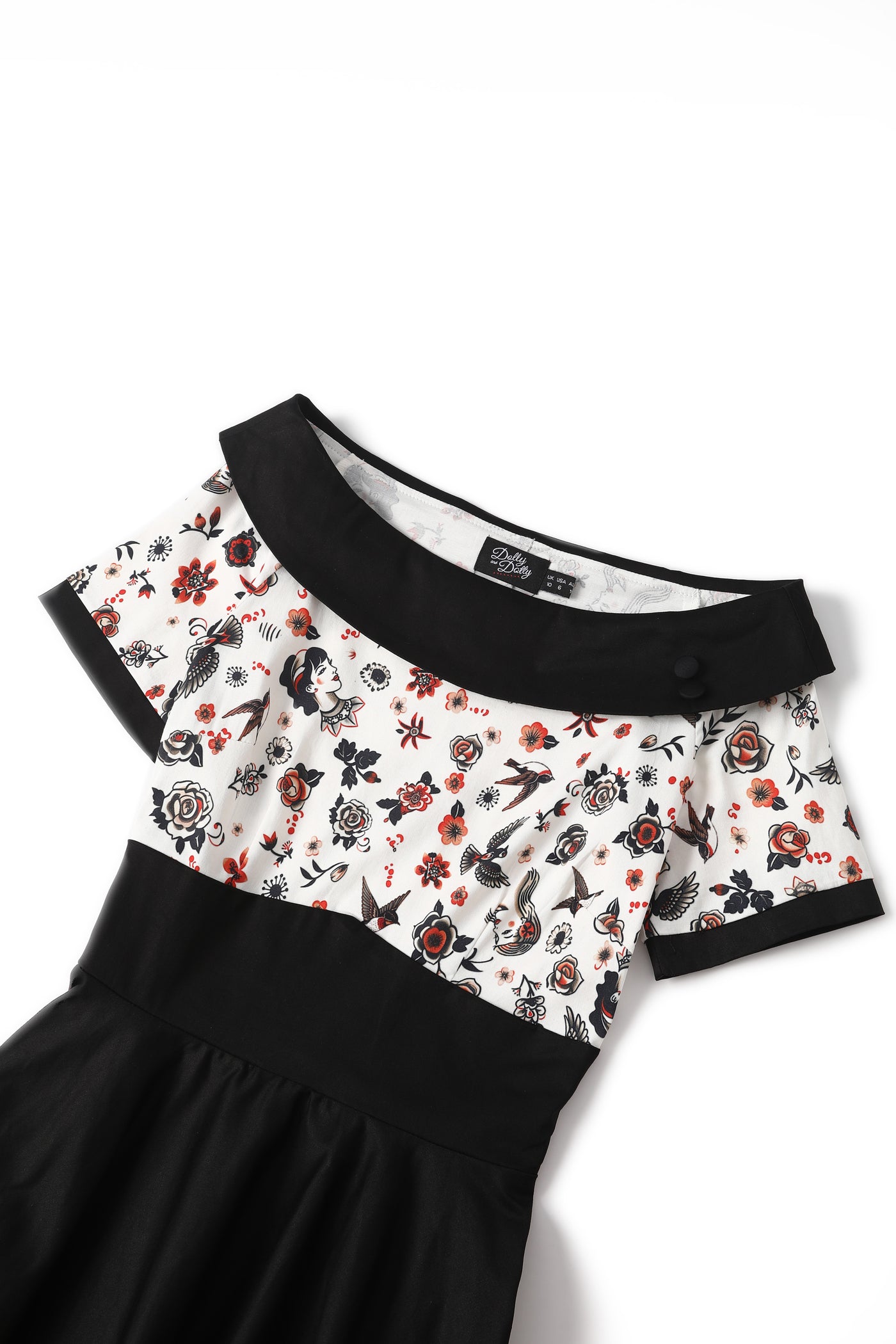 Close up view of Rockabilly Old School Tattoo Roll Collar Dress