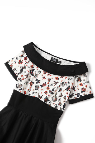Close up view of Rockabilly Old School Tattoo Roll Collar Dress