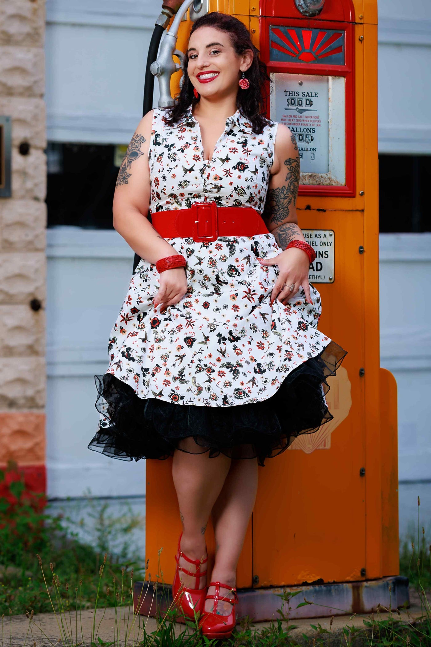 A lovely model wearing a Poppy Rockabilly Old School Tattoo Shirt Dress