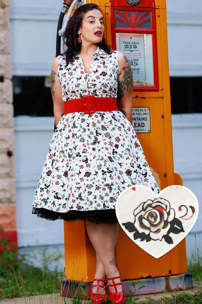A lovely model wearing a Poppy Rockabilly Old School Tattoo Shirt Dress