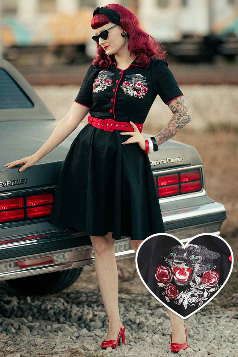 A model wearing a Rockabilly Panther Embroidery Shirt Dress