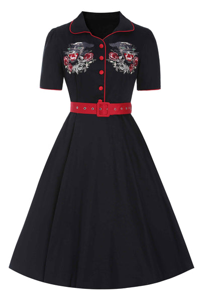 front view of shirt rockabilly dress, with short sleeves and embroidered panthers and roses