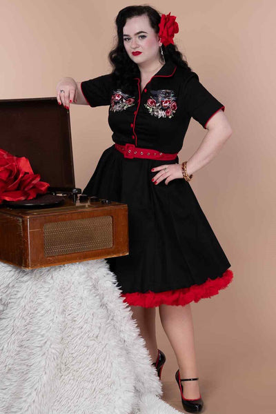 A model wearing a Rockabilly Panther Embroidery Shirt Dress