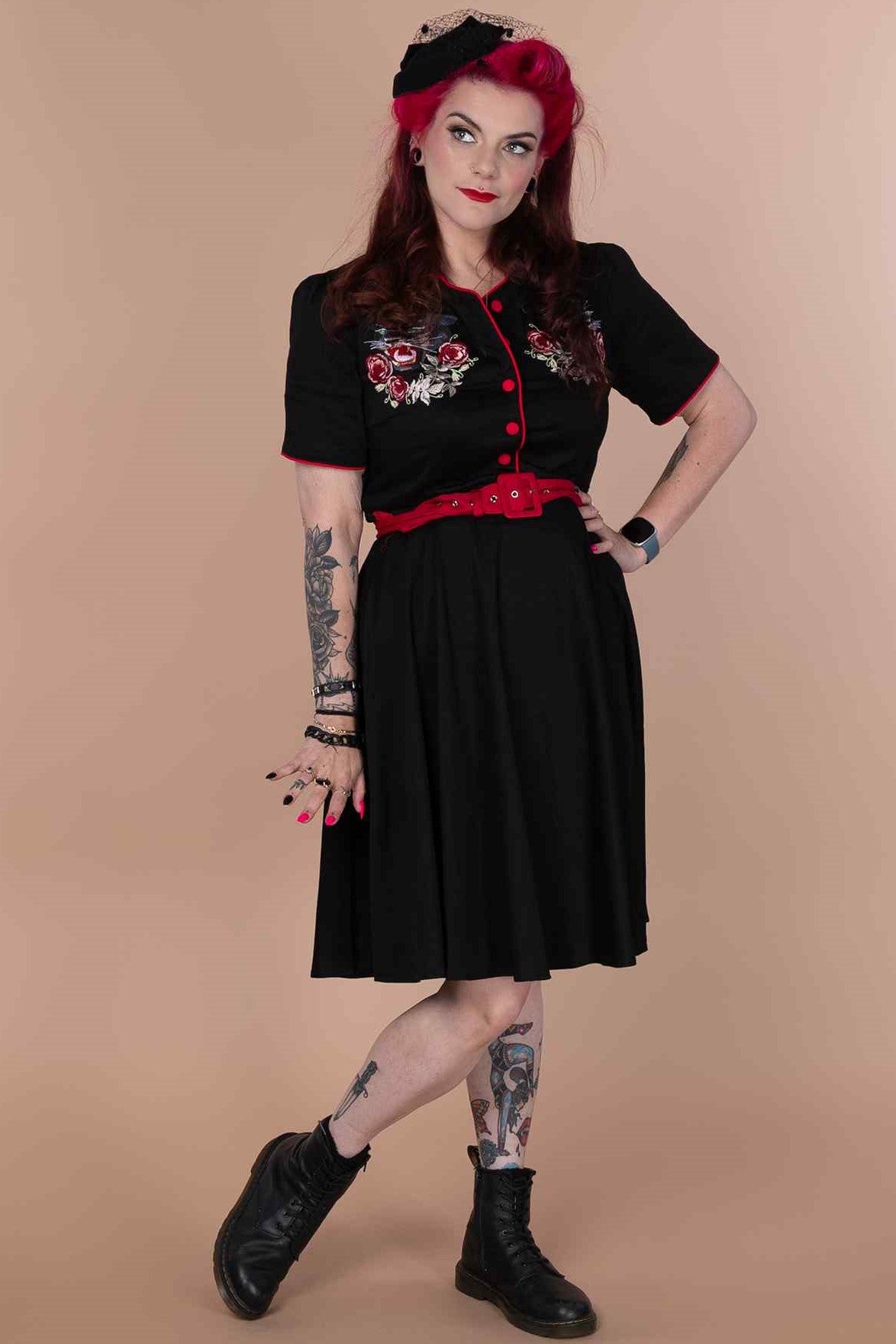 A model wearing a Rockabilly Panther Embroidery Shirt Dress