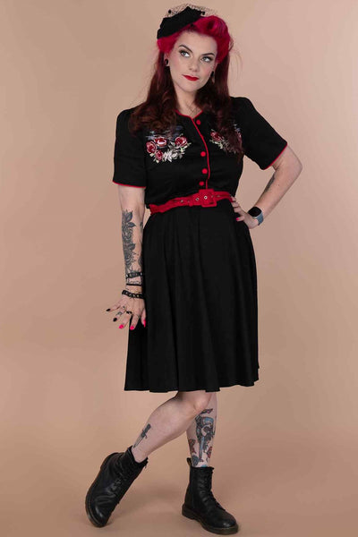 A model wearing a Rockabilly Panther Embroidery Shirt Dress