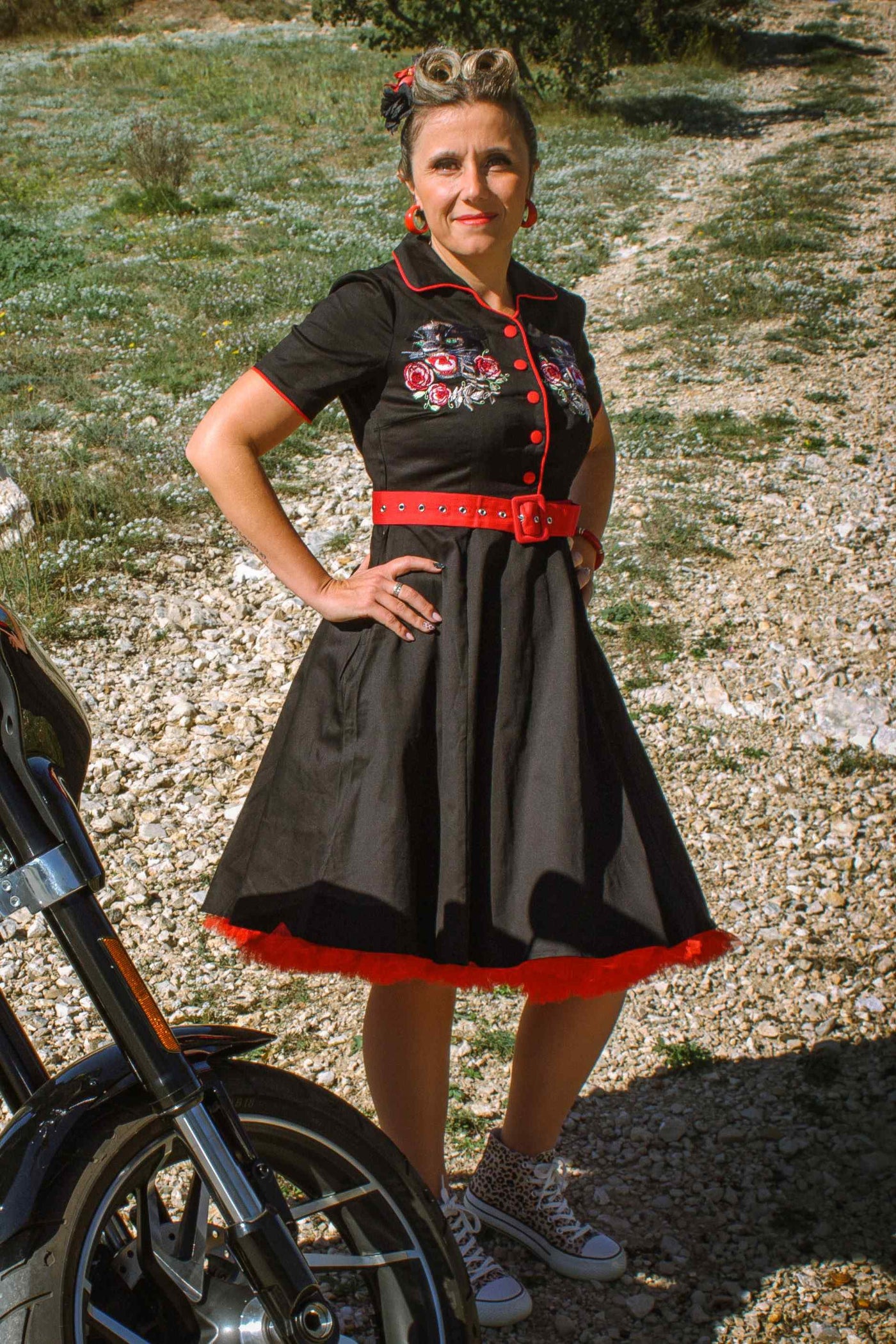 Sherry Rockabilly Panther Embroidery Shirt Dress