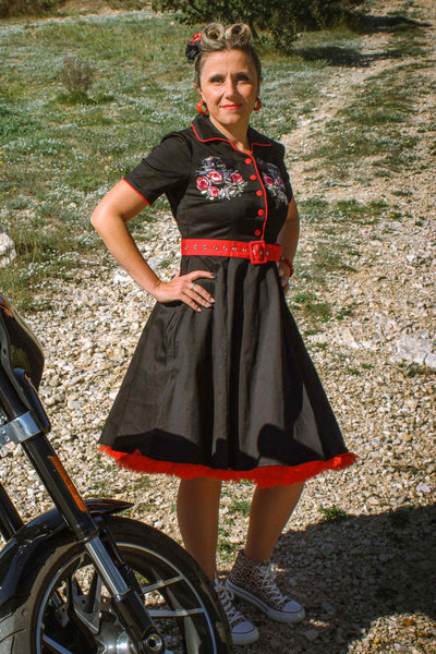 Sherry Rockabilly Panther Embroidery Shirt Dress
