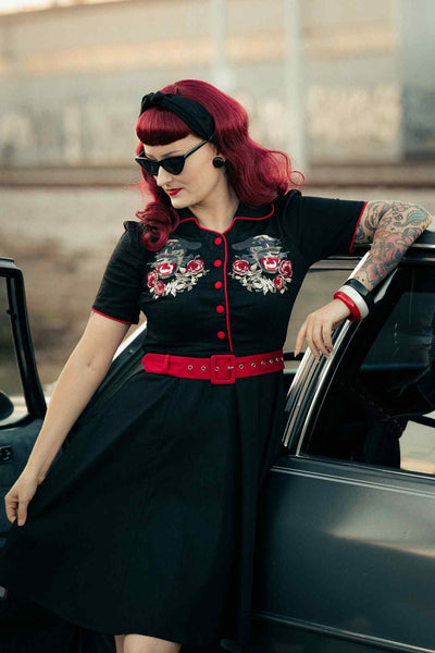 A model wearing a Rockabilly Panther Embroidery Shirt Dress