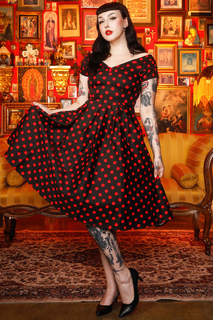 Lily Rockabilly Sleeve Swing Dress In Black/Red Polka Dot Print Lily Rockabilly Sleeve Swing Dress In Black/Red Polka Dot Print
