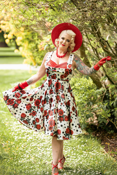  Rockabilly Red Rose Pleated Bust Dress