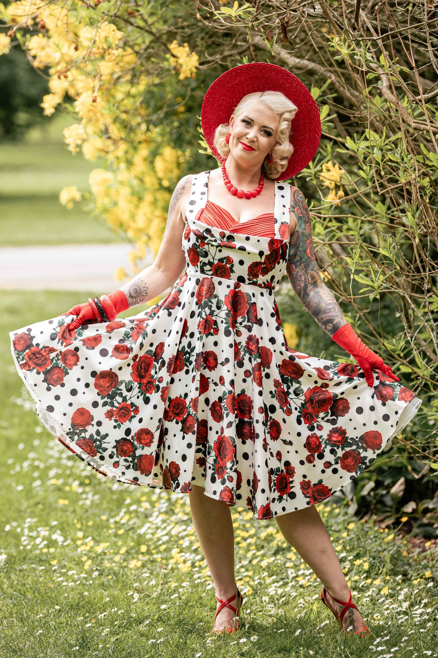  Rockabilly Red Rose Pleated Bust Dress