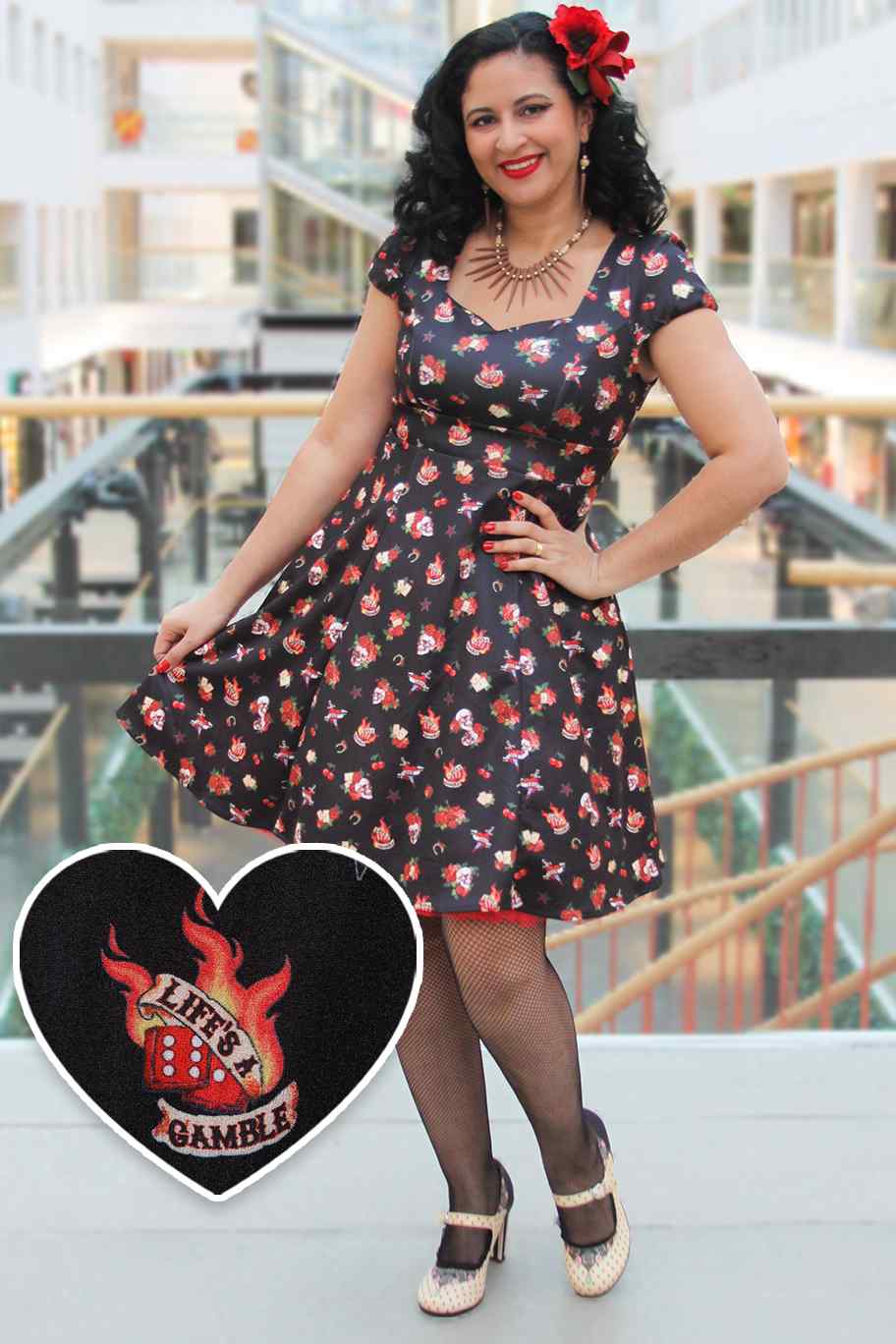 A model wearing Rockabilly Skull & Rose Dress