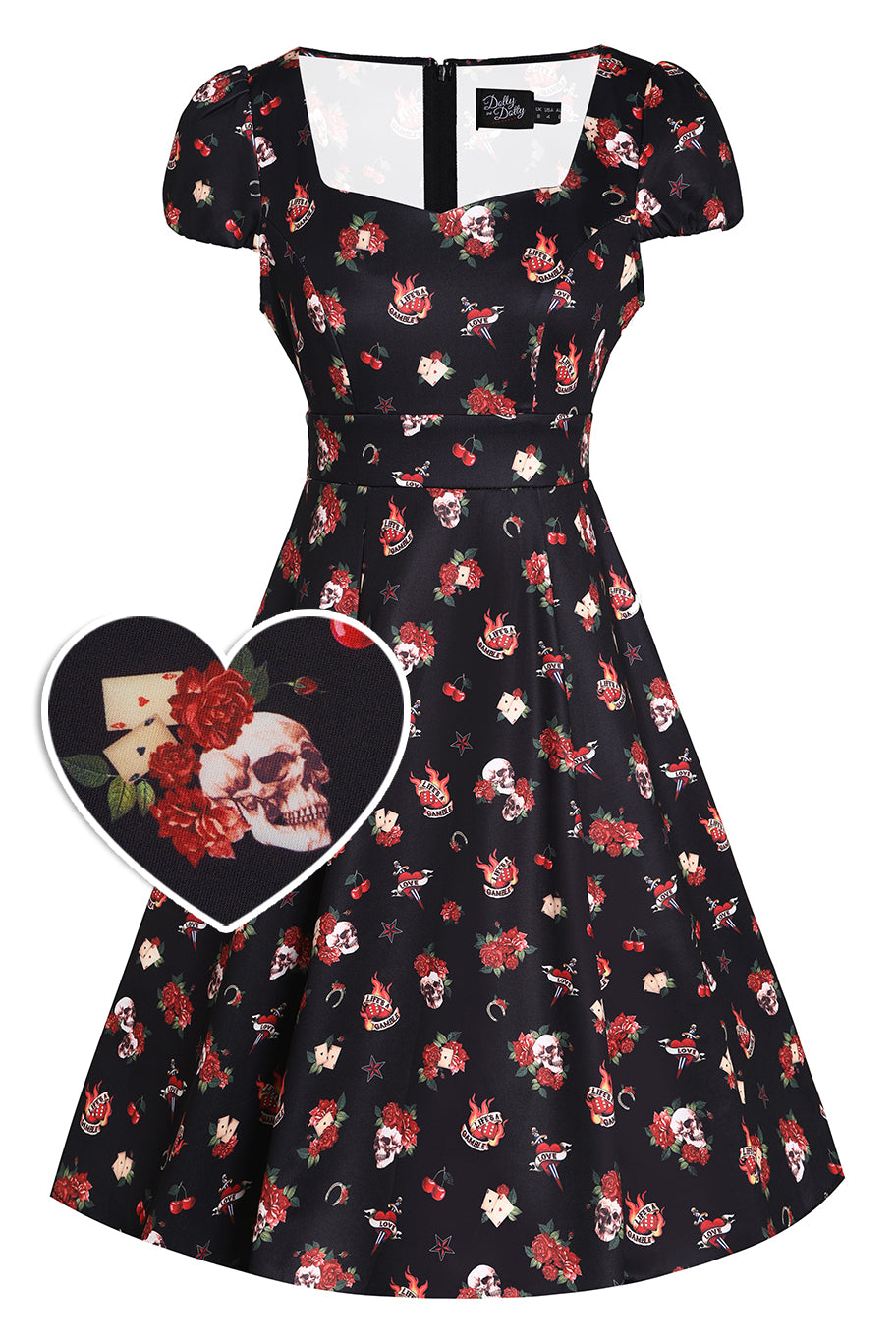 Front view of Rockabilly Skull & Rose Dress