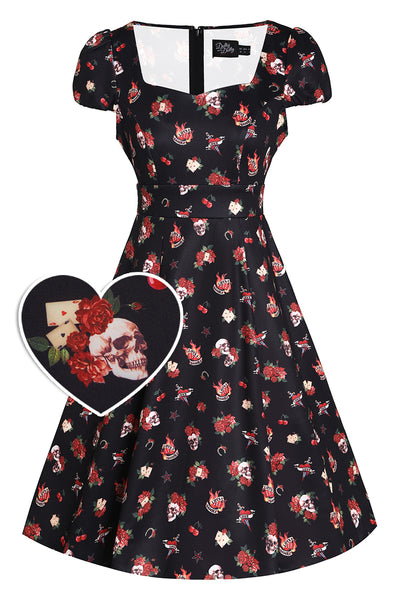 Front view of Rockabilly Skull & Rose Dress