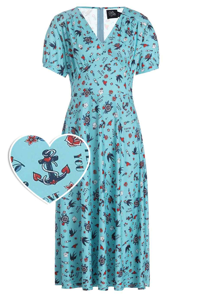 Front view of Nautical Tattoo Print Midi Dress in Blue