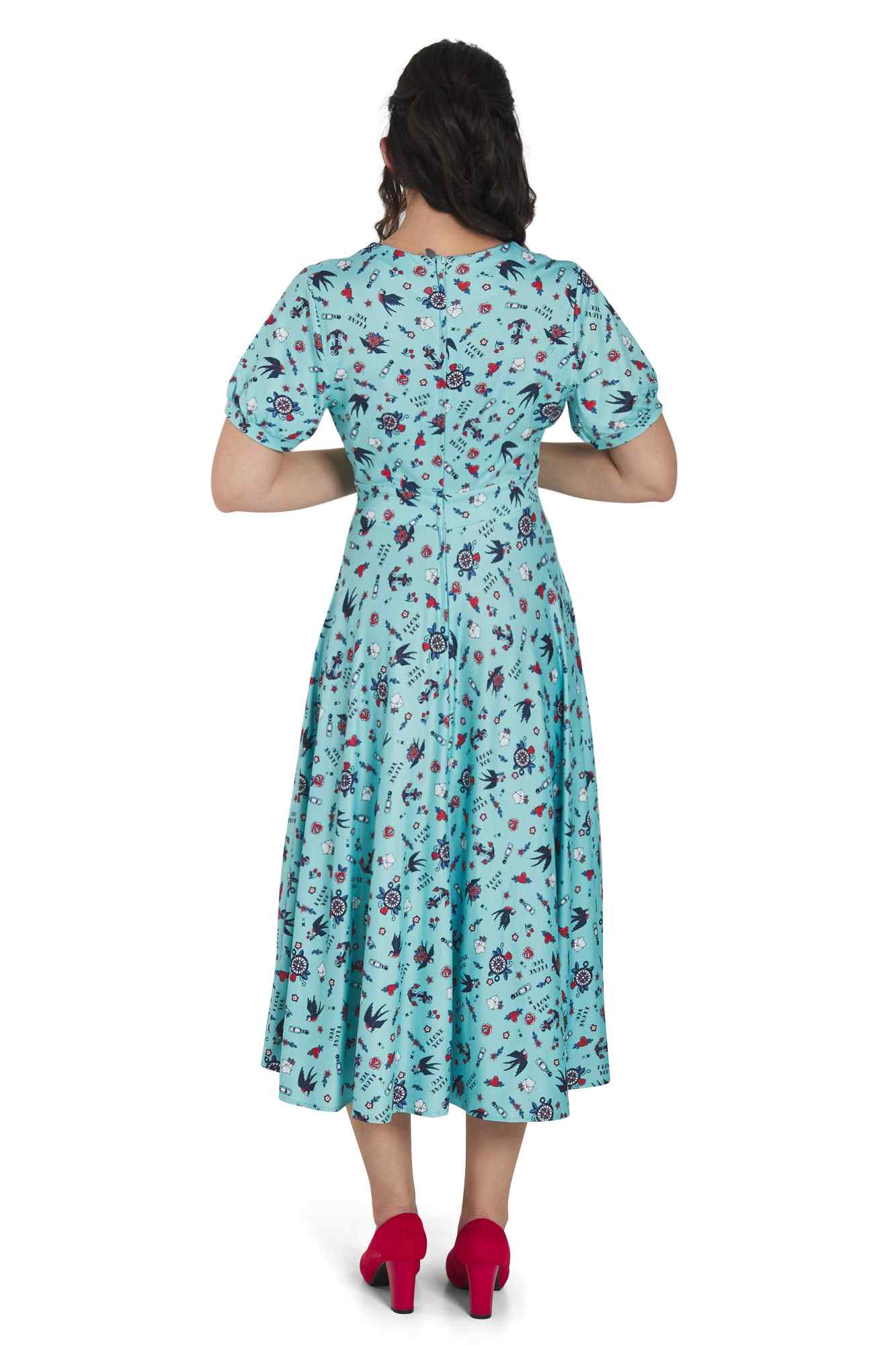 Model Photo Back view of Nautical Tattoo Print Midi Dress in Blue