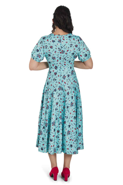 Model Photo Back view of Nautical Tattoo Print Midi Dress in Blue