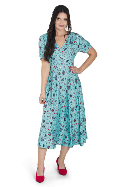 Model Photo Front view of Nautical Tattoo Print Midi Dress in Blue