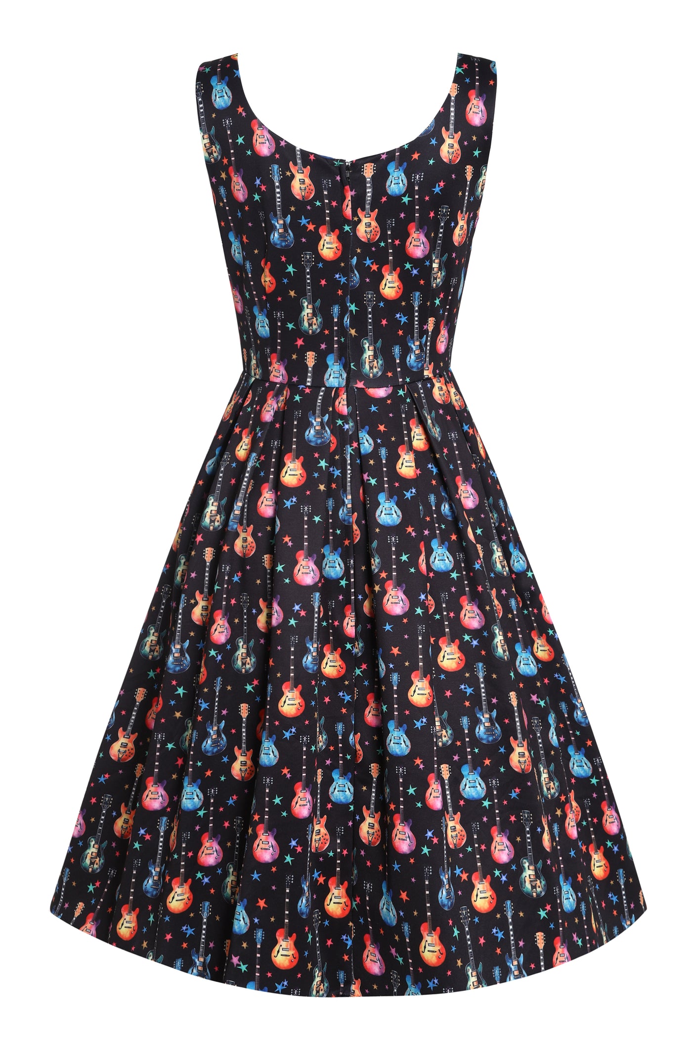 Back view of Black Pleated Dress in Guitar & Stars Print