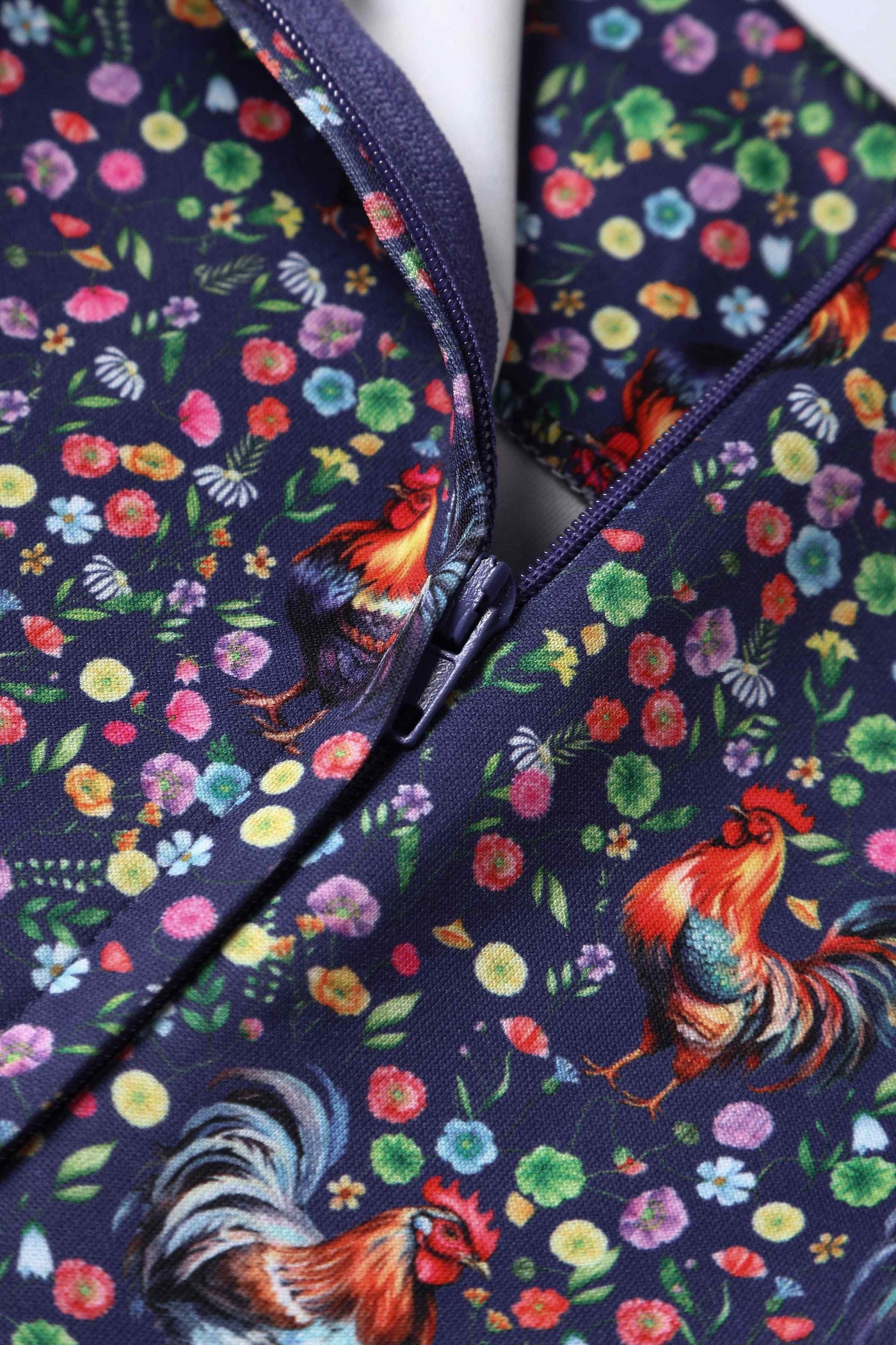 Close up view of Flared Dress in Purple Floral Rooster Print