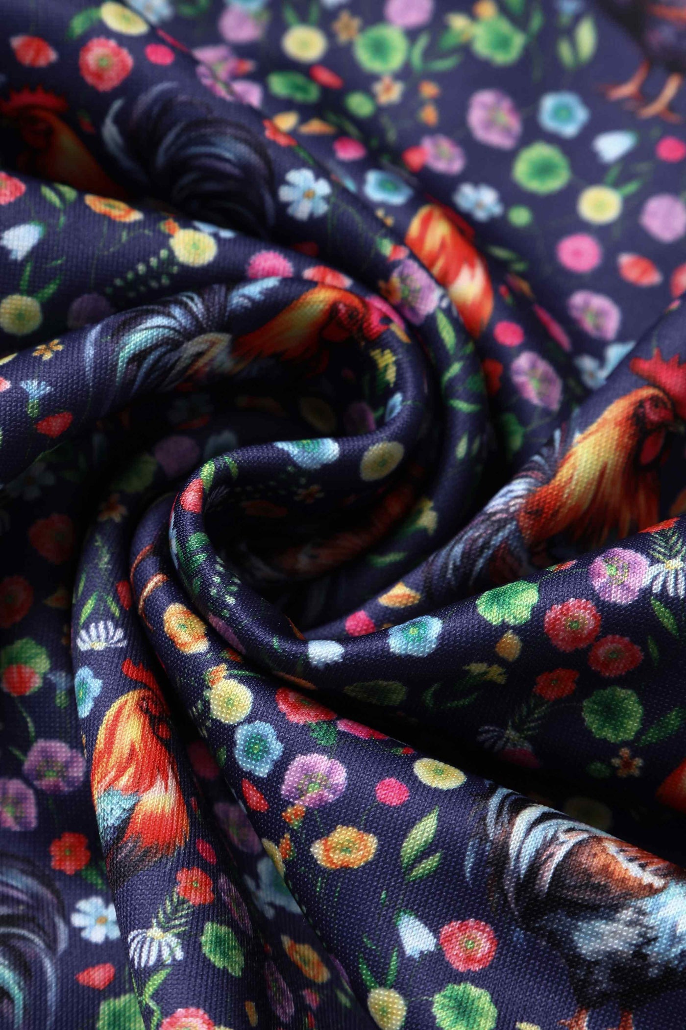 Close up view of Flared Dress in Purple Floral Rooster Print