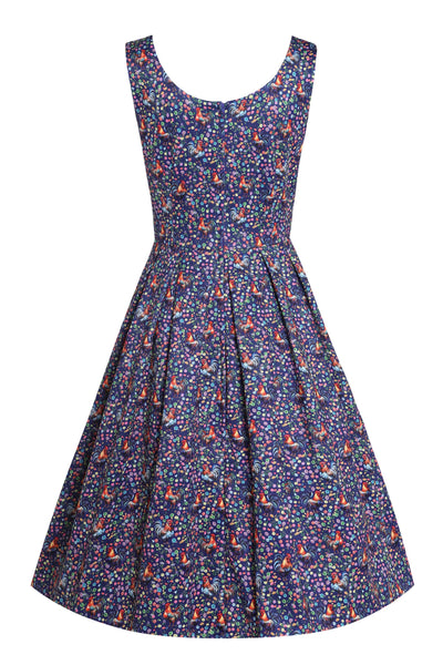 Back view of Flared Dress in Purple Floral Rooster Print