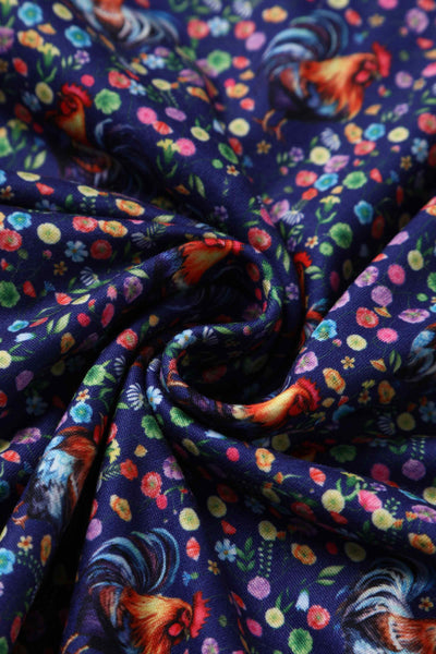 Purple fabric, with flowers and rooster chicken, zip view