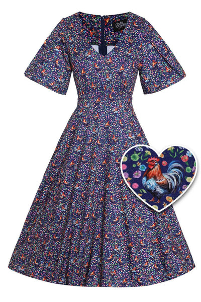 Short sleeved tea dress in purple rooster chicken print, front view