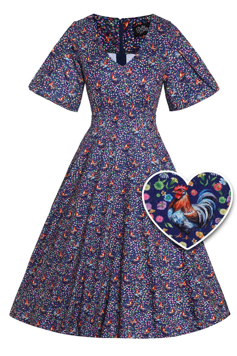 Short sleeved tea dress in purple rooster chicken print, front view