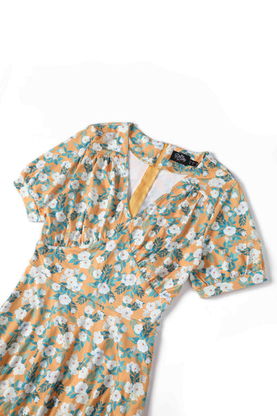 Close up  view of Rosaceae Floral Midi Dress In Yellow