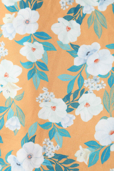Close up view of Rosaceae Floral Midi Dress In Yellow