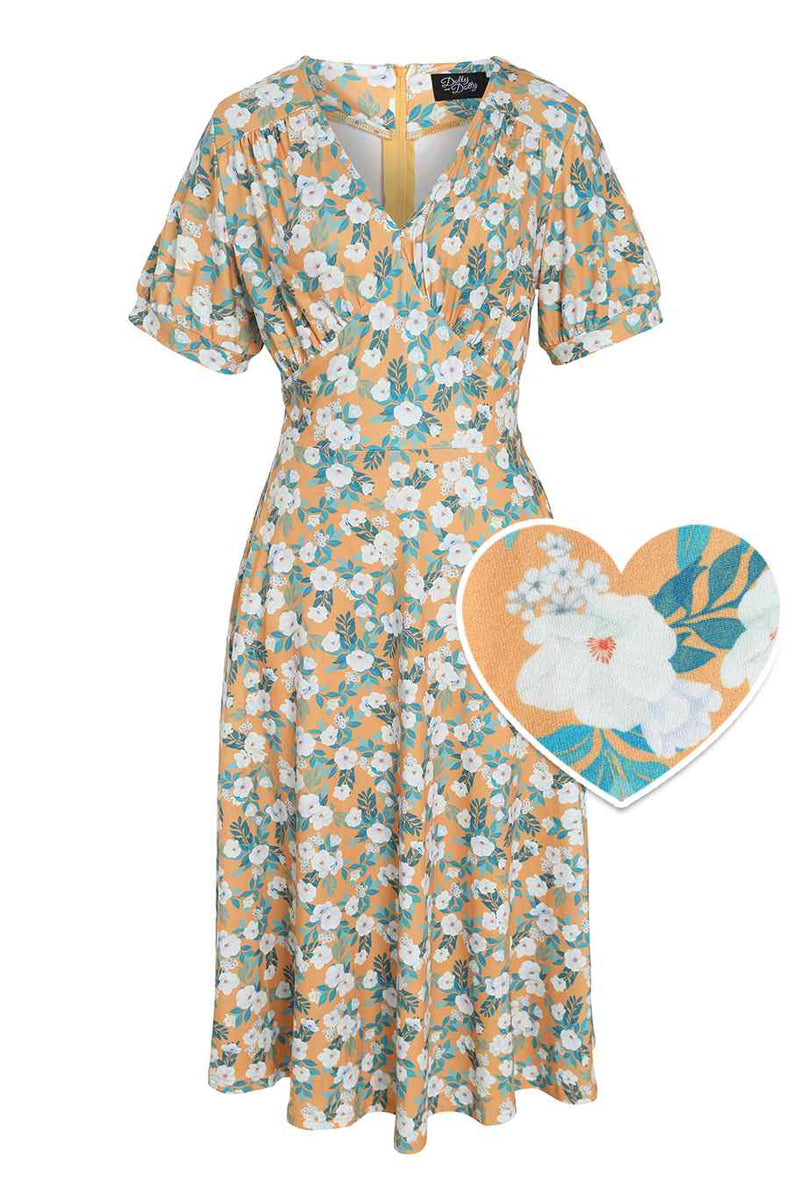 Front view of Rosaceae Floral Midi Dress In Yellow