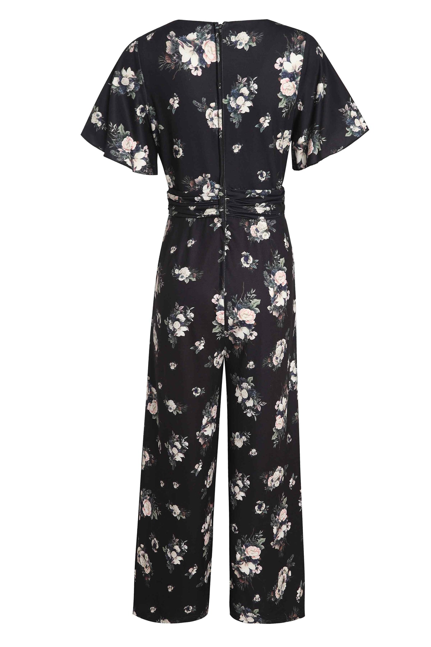 Back view of Rose Butterfly Print Sleeved Jumpsuit in Black