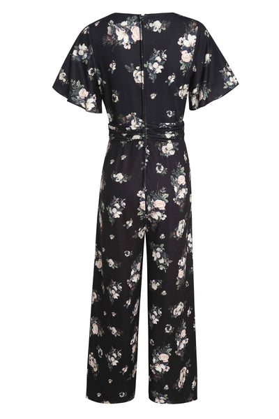 Back view of Rose Butterfly Print Sleeved Jumpsuit in Black