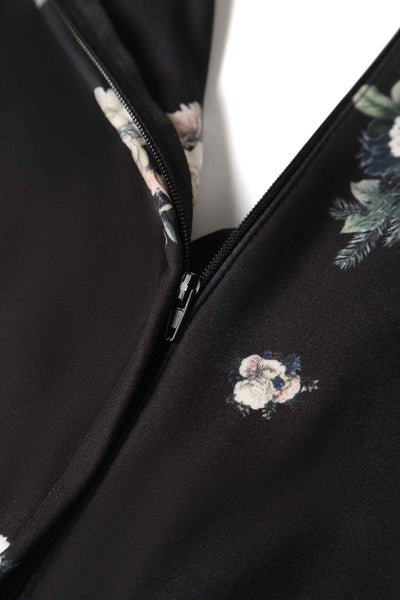 Close up view of Rose Butterfly Print Sleeved Jumpsuit in Black
