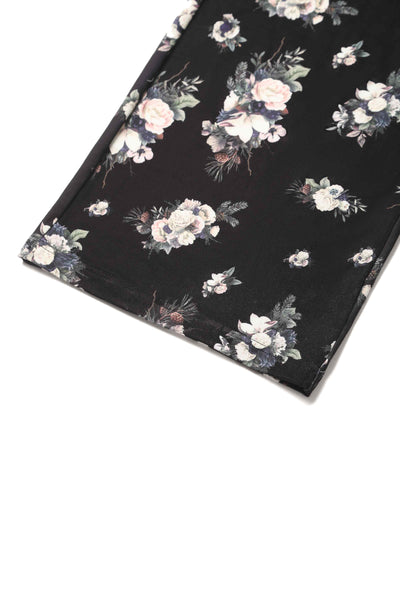 Close up view of Rose Butterfly Print Sleeved Jumpsuit in Black