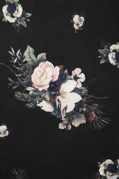 Close up view of Rose Butterfly Print Sleeved Jumpsuit in Black