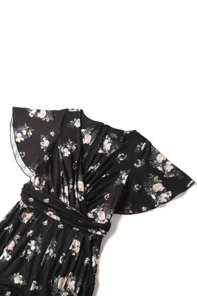 Close up view of Rose Butterfly Print Sleeved Jumpsuit in Black