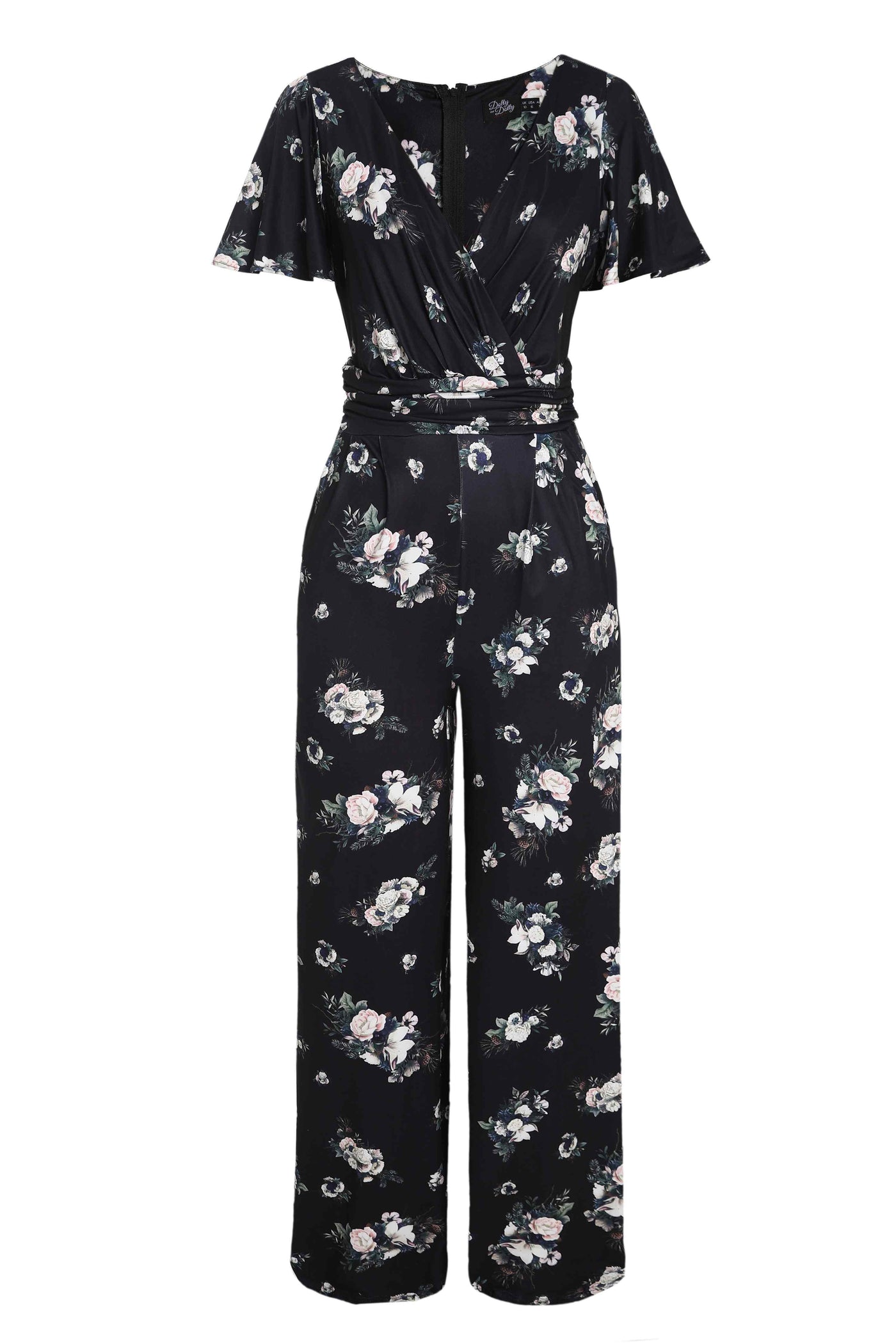 Front view of Rose Butterfly Print Sleeved Jumpsuit in Black
