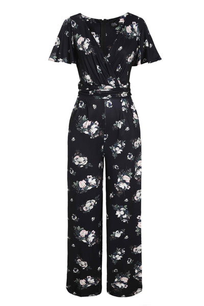 Front view of Rose Butterfly Print Sleeved Jumpsuit in Black