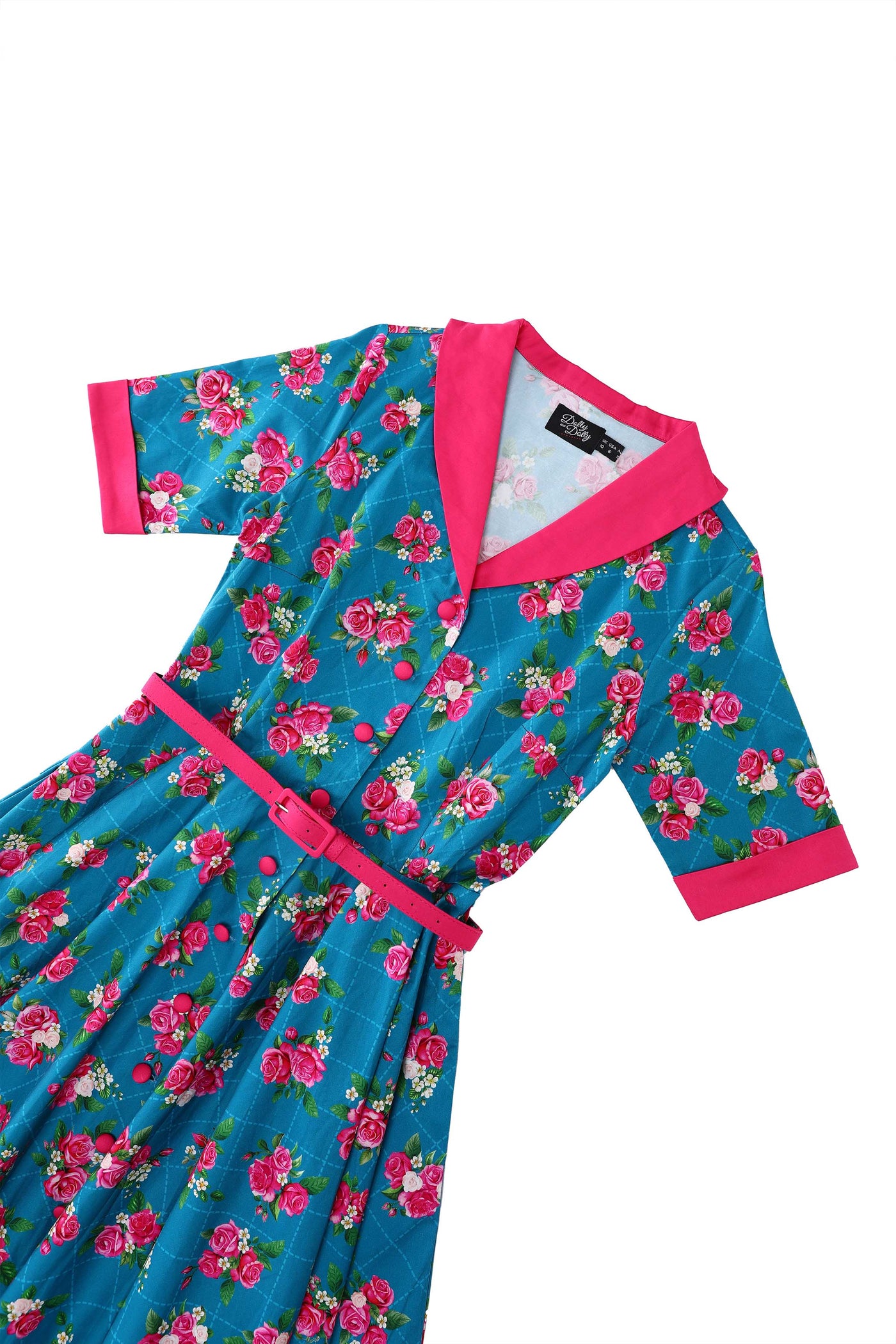 Close up view of Mollie Rose Full Circle Shirt Dress In Blue