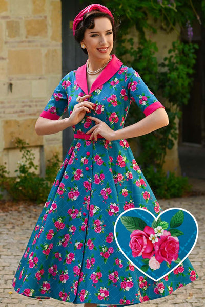 A model wearing a Mollie Rose Full Circle Shirt Dress In Blue