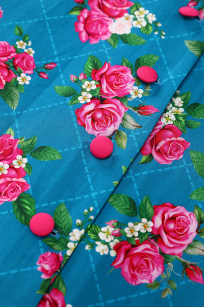 Close up view of Mollie Rose Full Circle Shirt Dress In Blue