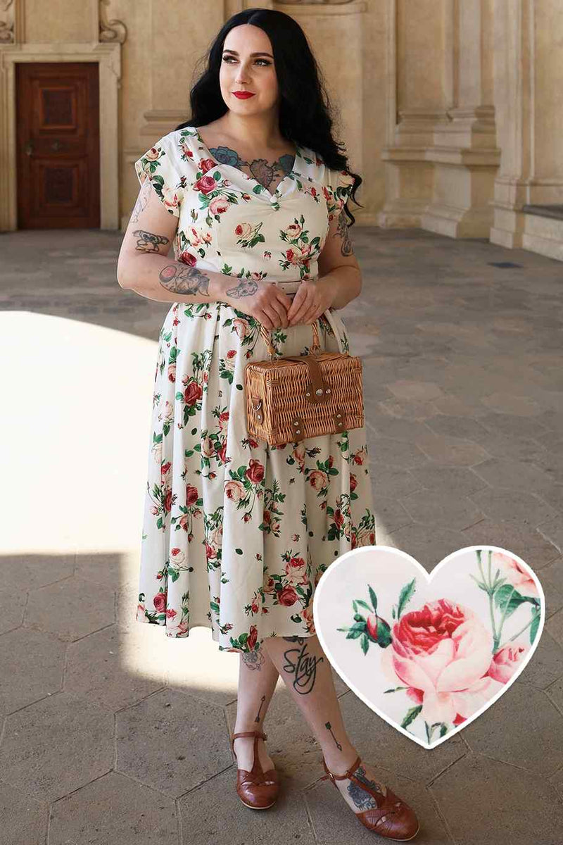 off shoulder midi dress uk Fifties Style Rose Off Shoulder Midi Dress In White