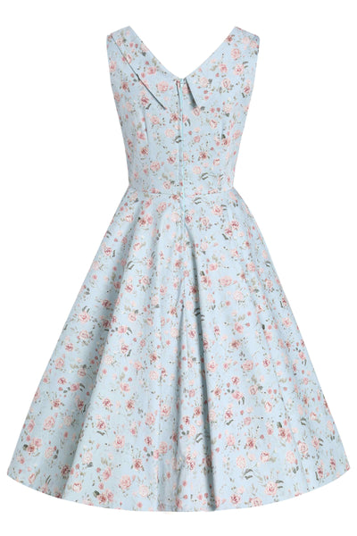 Back  View of Rose Pleated Bust Dress in Powder Blue and Pink