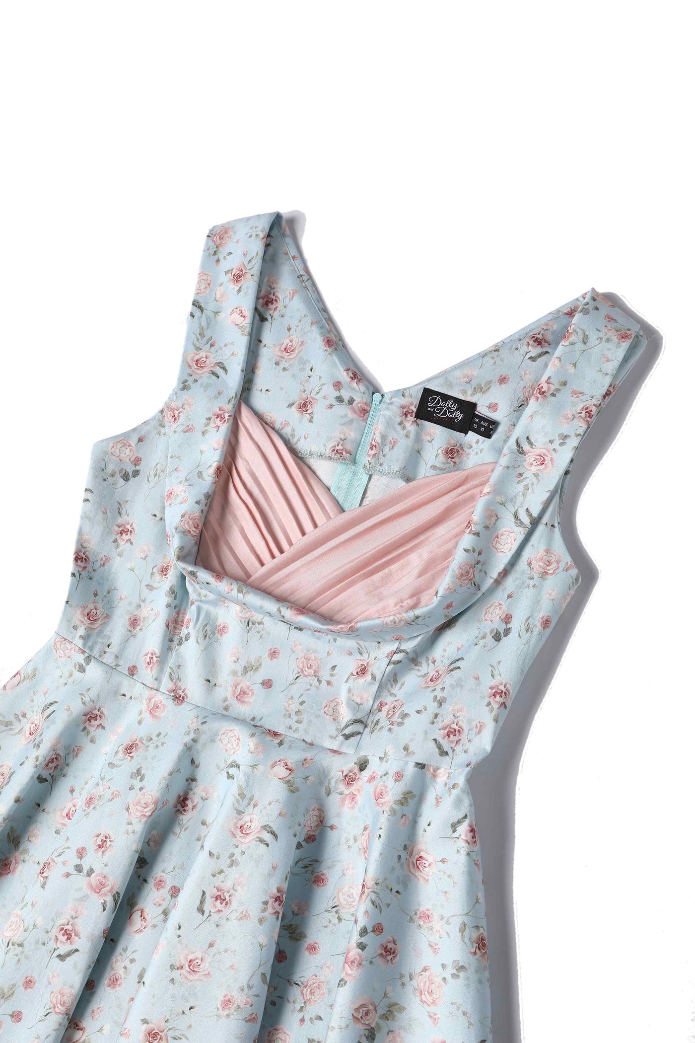 Close up  View of Rose Pleated Bust Dress in Powder Blue and Pink