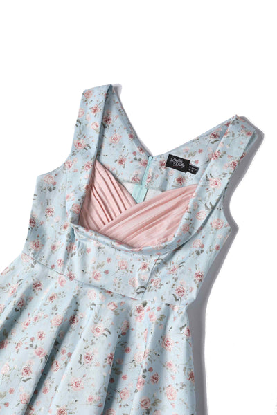 Close up  View of Rose Pleated Bust Dress in Powder Blue and Pink