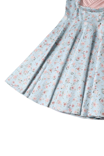 Close up  View of Rose Pleated Bust Dress in Powder Blue and Pink